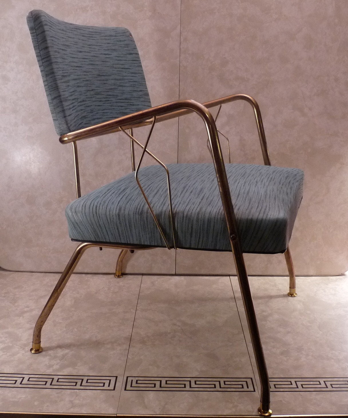 Vintage Mid Century Modern Teal Stripe Vinyl & Metal Chair