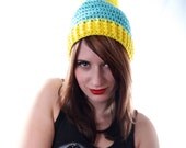 Crochet Blue and Yellow Poof Ball Winter Hat Medium