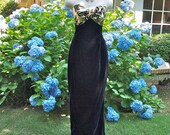 Vintage Prom Dress Jessica McClintock 80's Strapless Long Black Velvet and Gold Lame Evening Gown with Bustle and Train