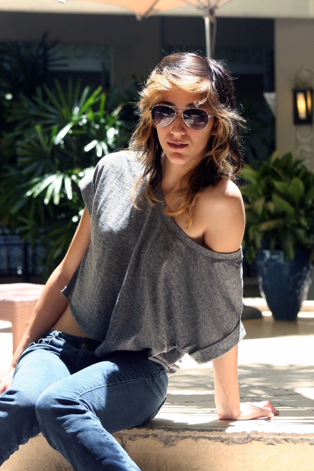 SALE - Blue Pin strip gray crop top off the shoulder summer casual cute