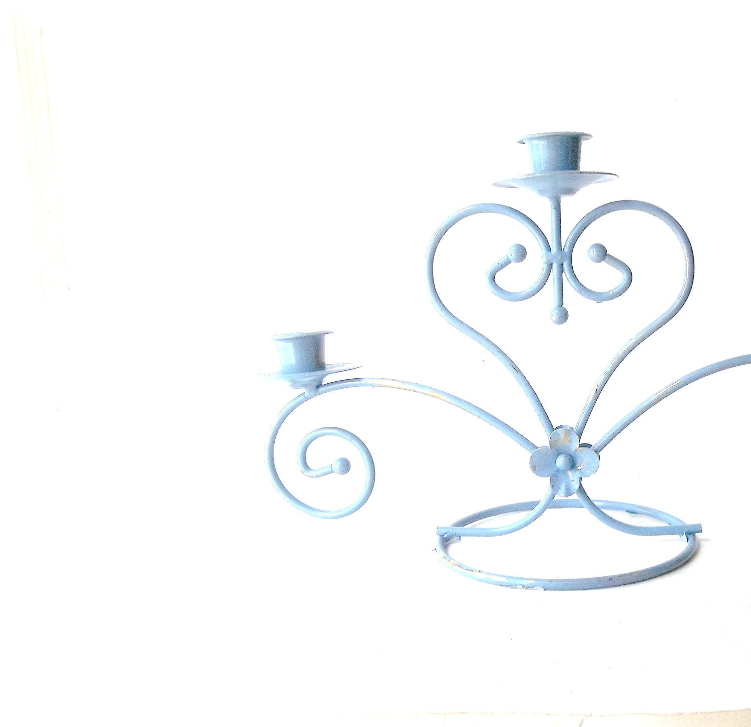 Vintage Candlelabra. CandleHolder. French Shabby Chic Blue. Wrought Iron Metal Heart. Cottage Chic Decor