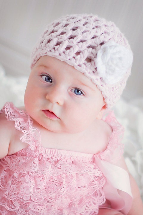 Peruvian Organic Cotton Baby Girl's Hat in Soft Pink with White Rosette, Newborn and 0-3 months, crochet hat