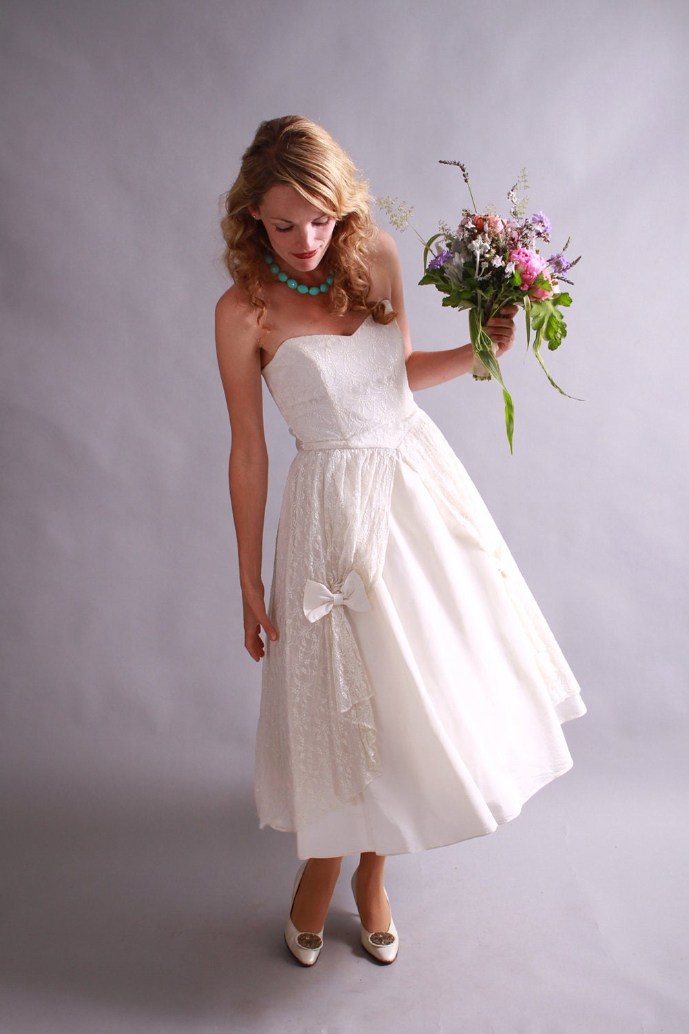 1960's wedding dress / 60s strapless cupcake tea length wedding dress / Garden Kiss