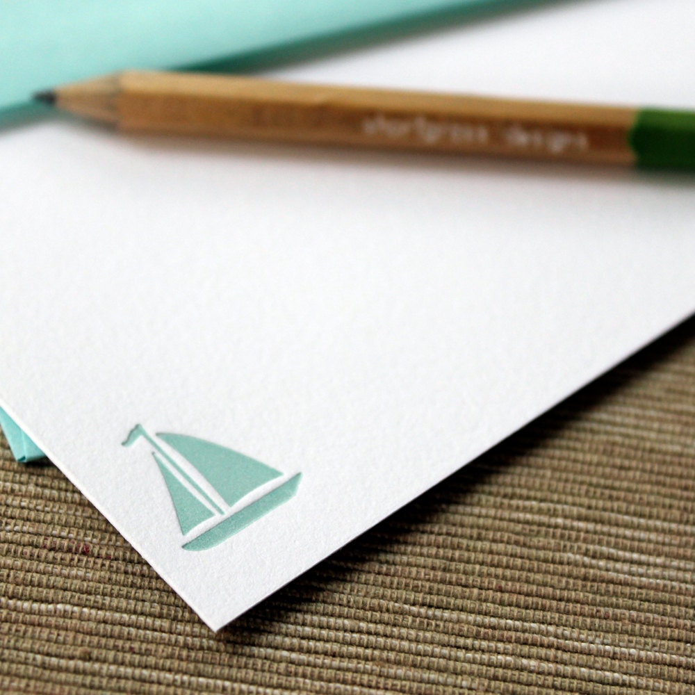 letterpress flat notecards (set of 10) - blue sailboat