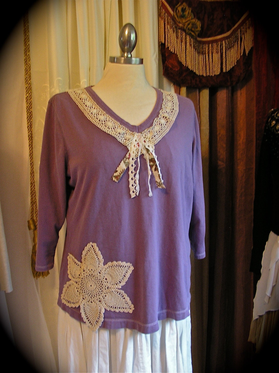 Cotton Lilac Shirt, upcycled boho pull over top, crocheted doily lace embellished, women LARGE