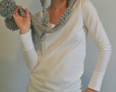 chunky giant pom elfin hood with ties - the estella - gray marble