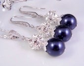 Navy Bridal Necklace and Earring Set, Swarovski Crystal Pearl, Wedding Bridal Bridesmaids Jewelry Sapphire Wedding