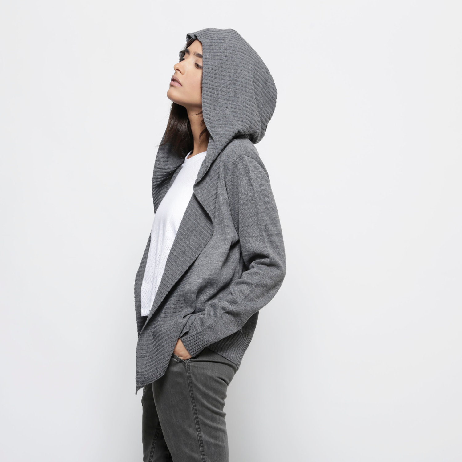 Grey women knitted hoodie top, woemn gray cardigan - AndyVeEirn
