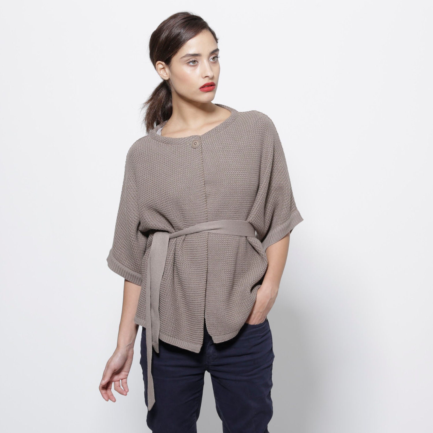 Brown cream knitted jacket cardigan women sweater offwhite top