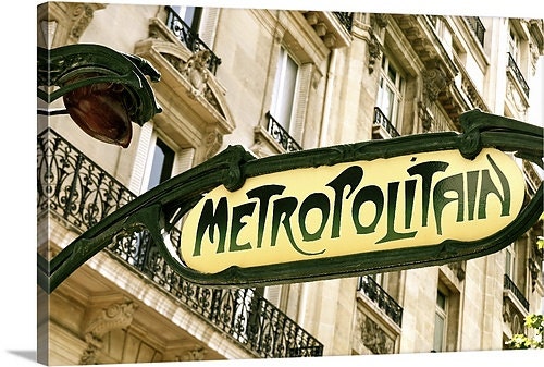 Large Paris Canvas - Metropolitain Photo - French Decor - Parisian Metro Sign Photo - Travel Photography - Yellow Green Neutral - Wall Art
