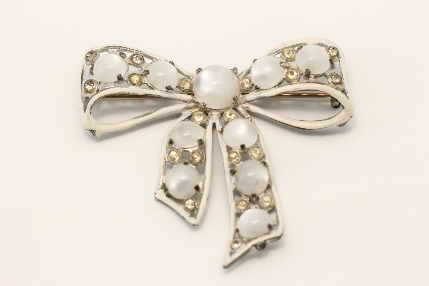 White Bridal Bow Brooch with Faux Moonstone