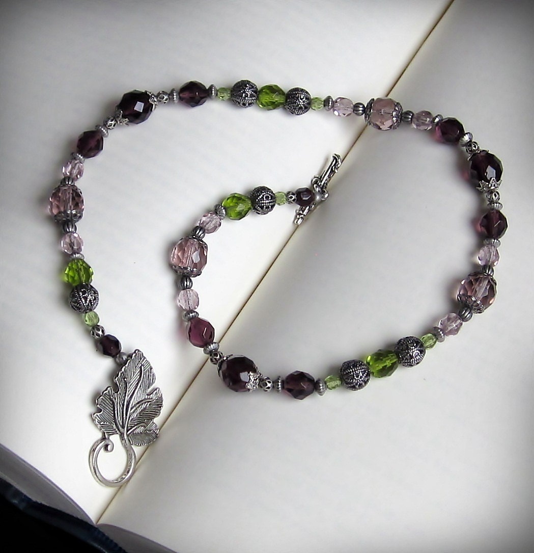 Grapevine Necklace, Reversible, in Green and Purple Czech Glass Beads and Antiqued Silver with Large Grape Leaf Clasp