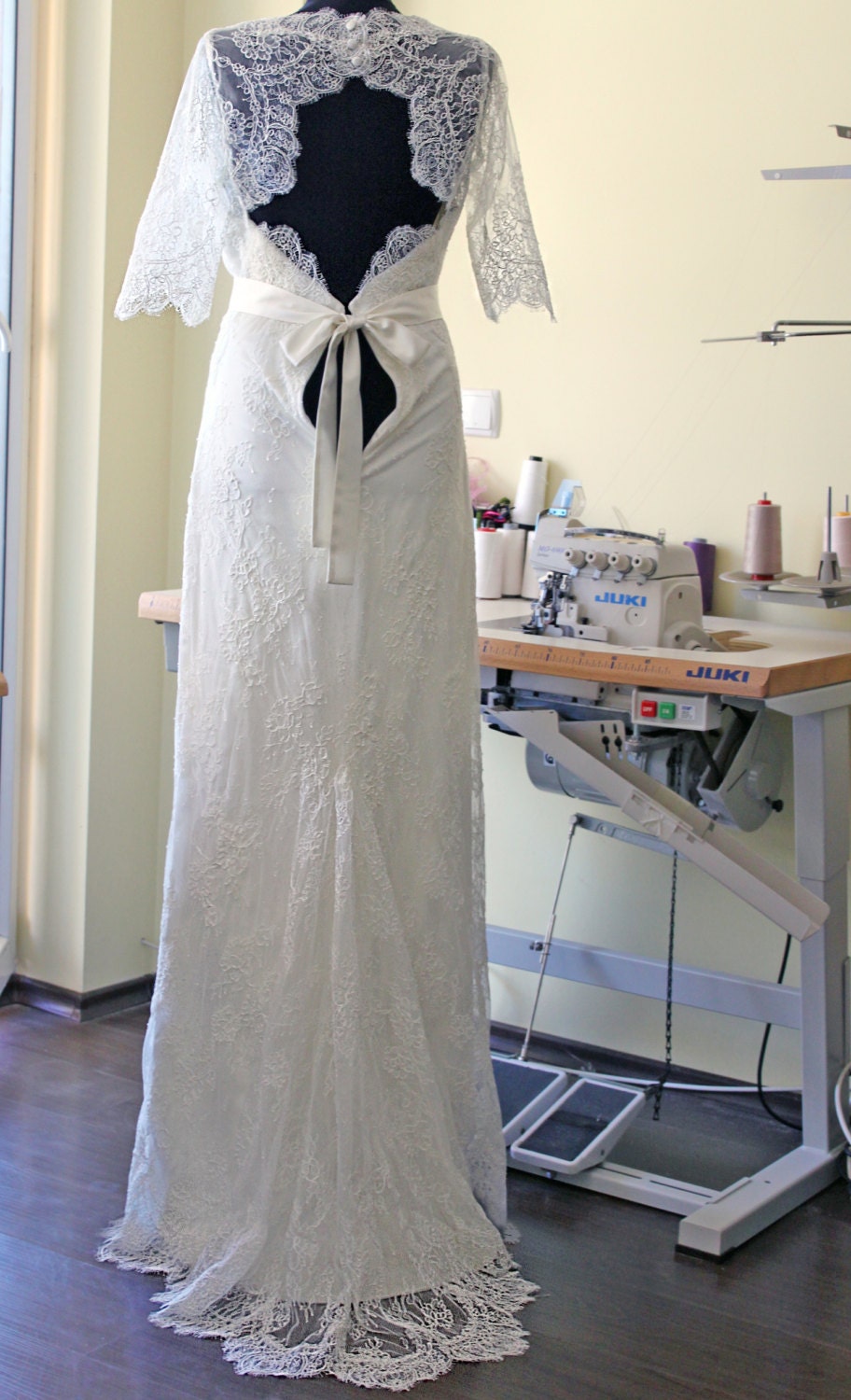 Wedding Lace Gown - French Corded Alencon Lace(custom made gown), Robe de Mariée, Winter Wedding Dress, Column Wedding Dress