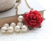 Pearl Rose Necklace, Crimson Red Rose Statement, Asymmetrical, Vintage Style, Antique Brass, Victorian Romantic, Cranberry, Ivory Pearls