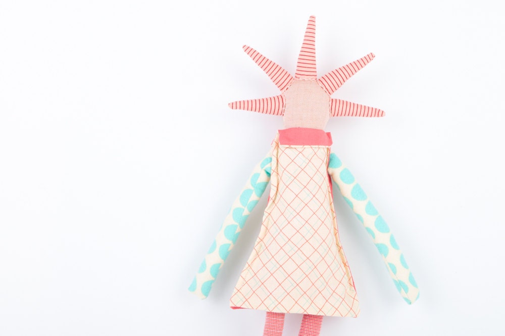 ooak rag doll  - funky handmade doll With cool spikes Haircut Wearing Turquoise, aqua, Peach stripes and dots