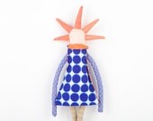 Modern rag doll , peach spikes doll  With cool Haircut , Navy blue Retro dress , orange collar, Linen pants ,  handmade eco doll