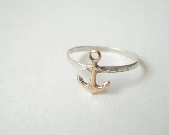 Brass Anchor Ring, Hammered Sterling Silver Ring, Handforged, Sea, Sailing, Nautical Jewelry, Unisex Ring