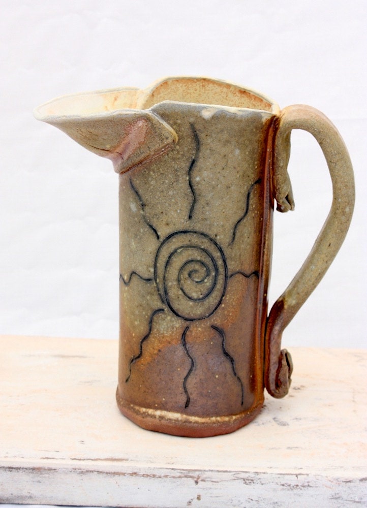 Ceramic Wood-fired Pitcher with Spiral Sun Carvings