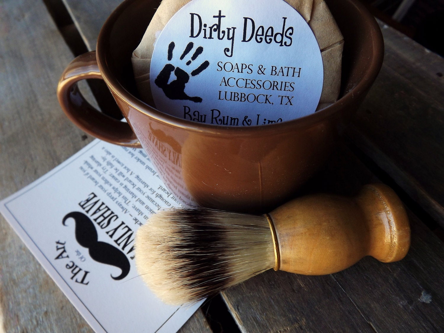 Shaving Mug Set, Brown Vintage Styled Shaving Mug,  Grooming Kit, Boar Brush, Handmade Soap
