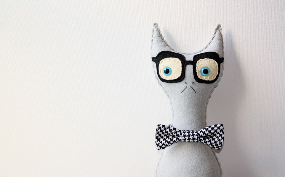 Grey Stuffed Plush Felt Cat, Gray Cat Pillow, Smarty Cat Stuffed Animal With Bowtie