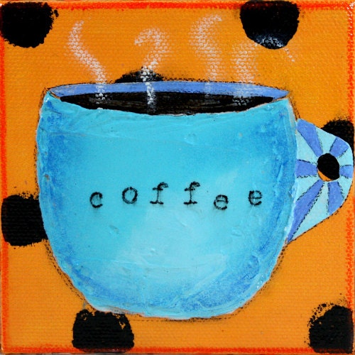 Original Mixed Media Painting of Hot Blue Cup of Coffee Mug 4"x4" on Etsy