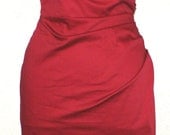 Vintage 1950s inspired lipstick red matte stretch satin hourglass cocktail wiggle dress one shoulder  M L Rockabilly VLV