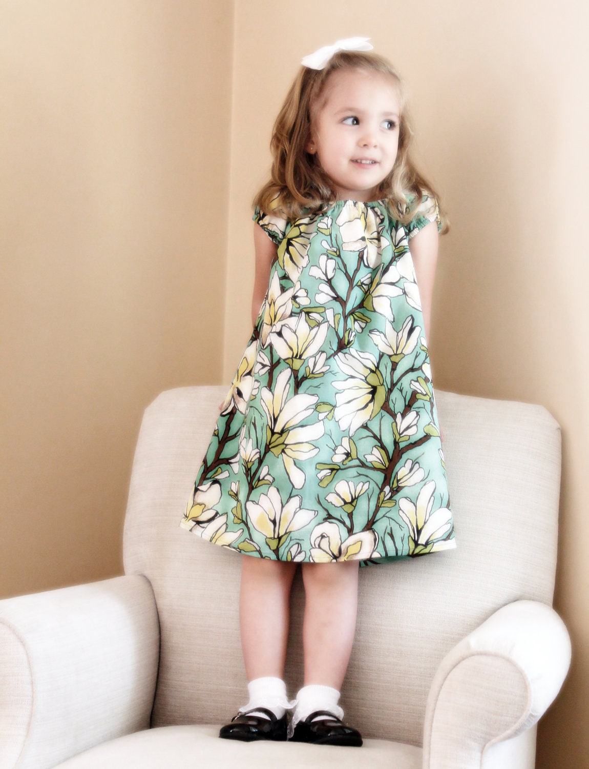 Peasant baby dress magnolia branch in aqua Size 12-18 months