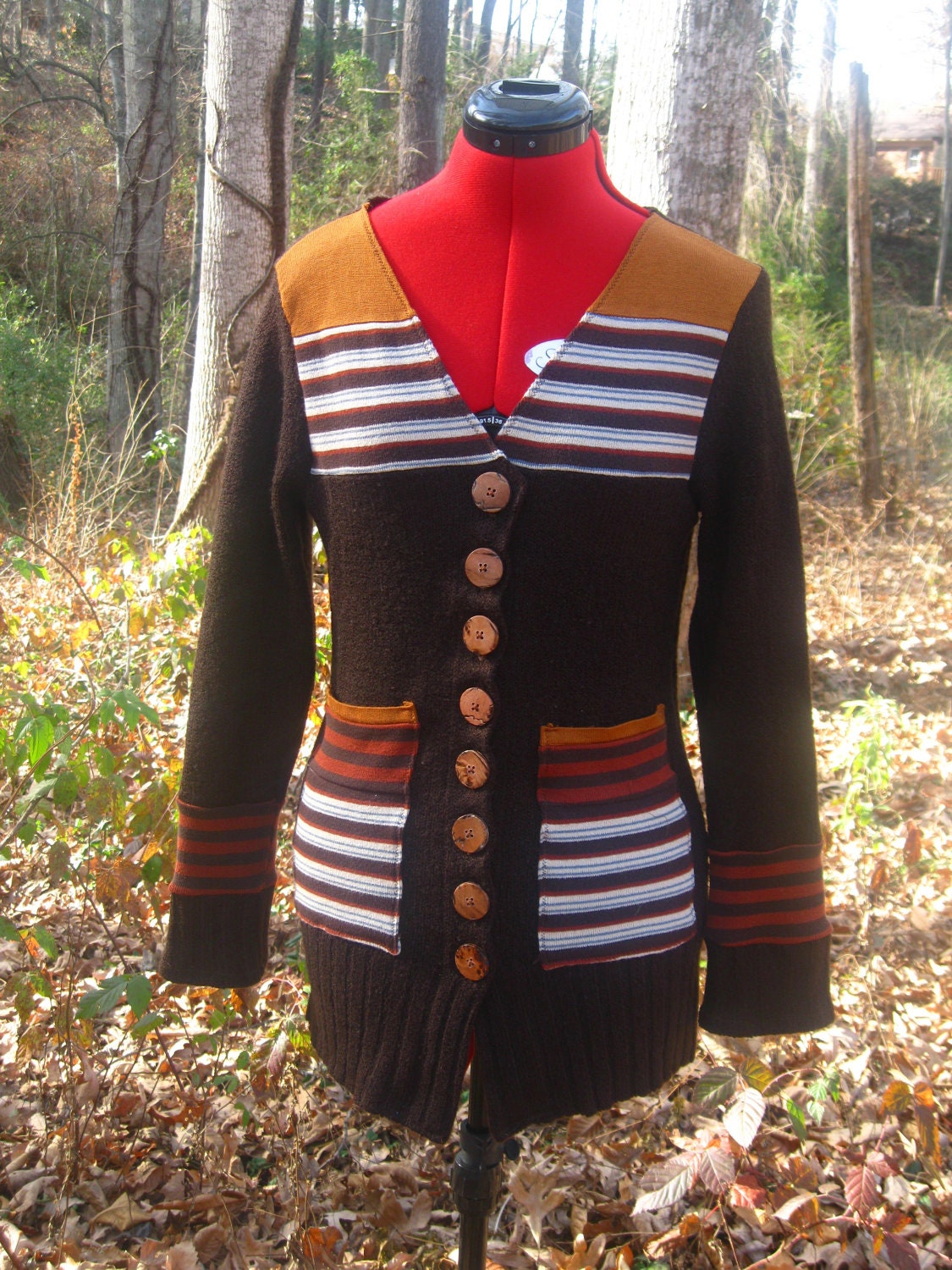 SALE Handmade Upcycled cardigan 'Camping' recycled sweater, pockets, brown stripes one-of-a-kind