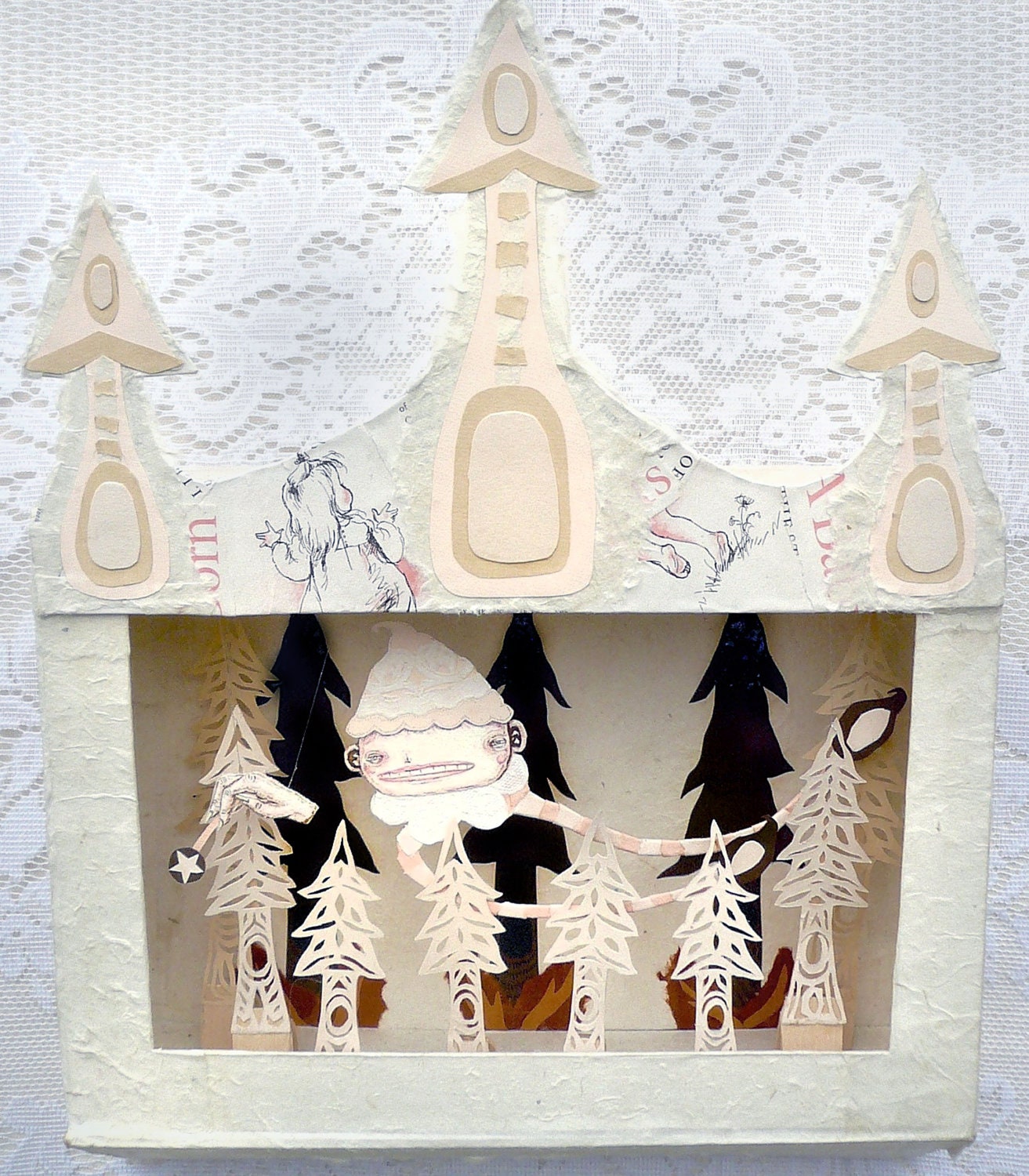 Fine Art Diorama Shadow Box Paper Sculpture - Mini Theatre Tiny Puppets - Fairy Godmother Forest - Dark Fairytale
