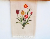 Embroidered Tea Towel Floral Bouquet  Fingertip Towel Beige French Country Kitchen