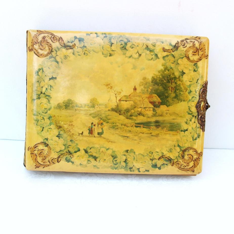Victorian Photo Album, Antique Celluloid, Landscape Art, Vintage Photographs - Yellow - Green - Gold