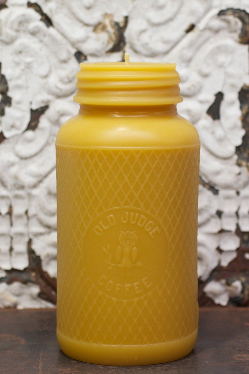 XXL Beeswax Candle - antique bottle shaped -  "Old Judge Coffee full-Quart Mason Jar w/ Owl and Harlequin" - by Pollen Arts