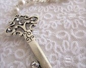 Vintage Key pendent Necklace w pearls white romantic wedding Bohemian Bridal/bridesmaid jewelry Whimsical Statement.