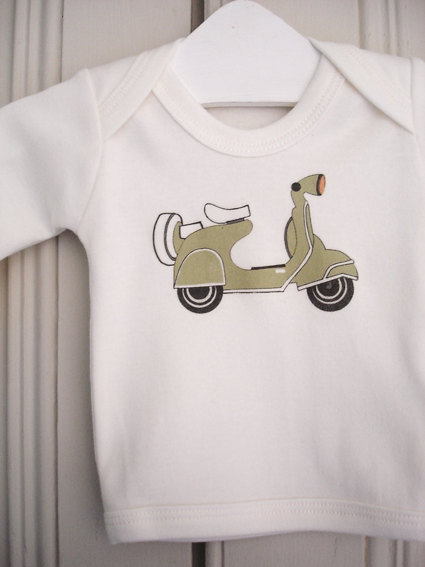vintage green scooter long sleeved tshirt : organic cotton baby gift, retro