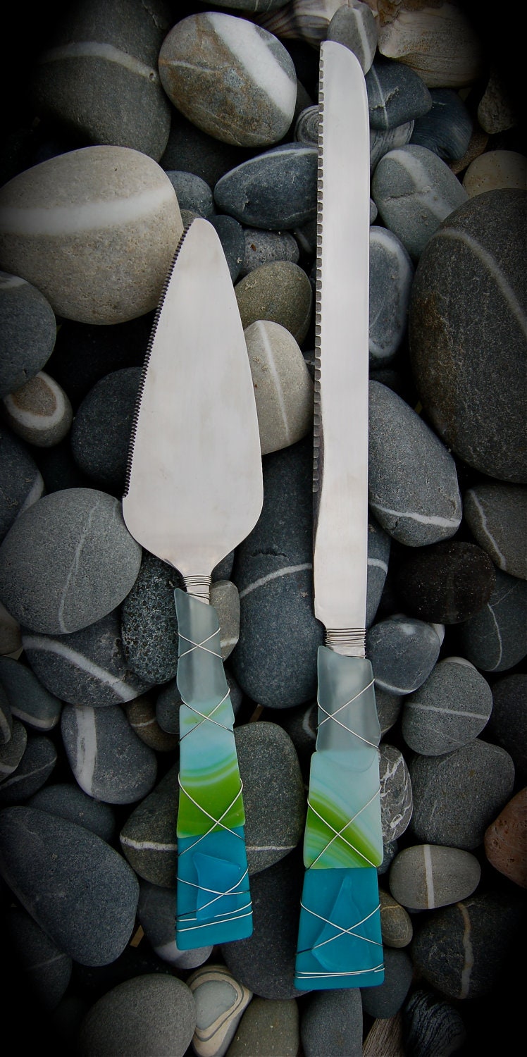 Sea Glass Wedding Cake Knife & Server made with Recycled Bottle "Tumbled Island Glass"  in Lime, Turquoise, Teal Stripe. Dishwasher Safe