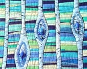 Blue Tears, Art Quilt, Textile Wall Art, Embroidery Beads, Turquoise Emerald, Home Decor