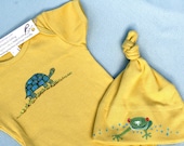Turtle and frog onesie and hat combo on American Apparels Organic cotton