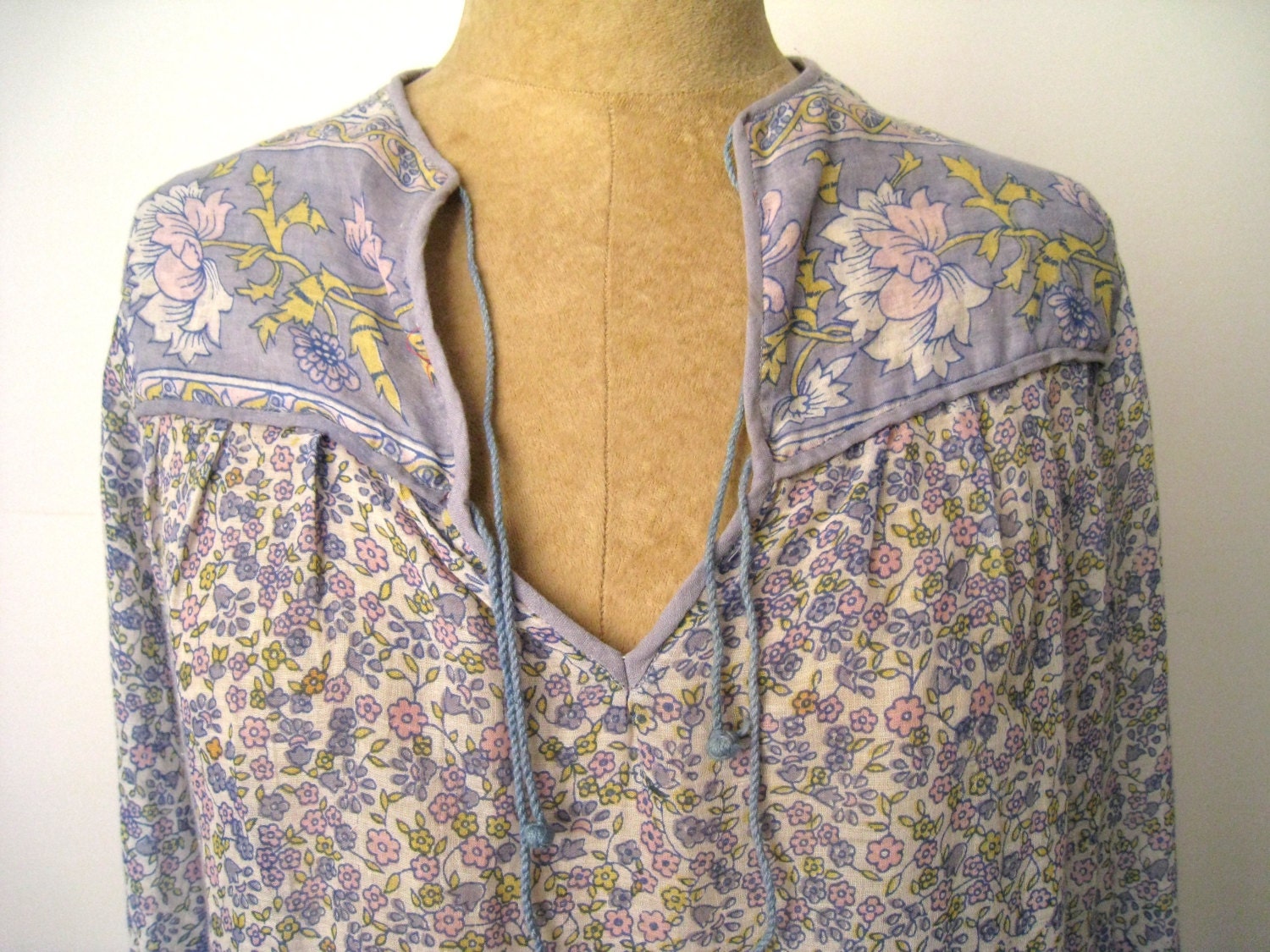 Vintage Indian Cotton Gauze Tunic - Festival Top  - Hippie Shirt - Rare Pale Blue and Pink Colors -
