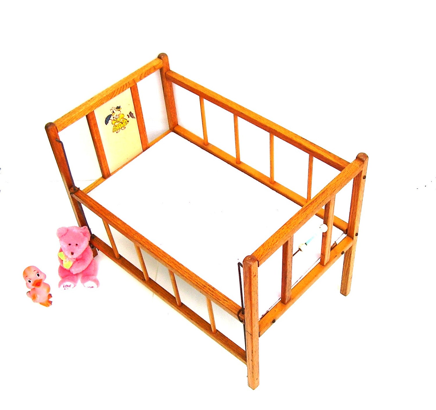 Vintage Doll Bed Toy Crib Oak Wood Furniture Nursery 1950s