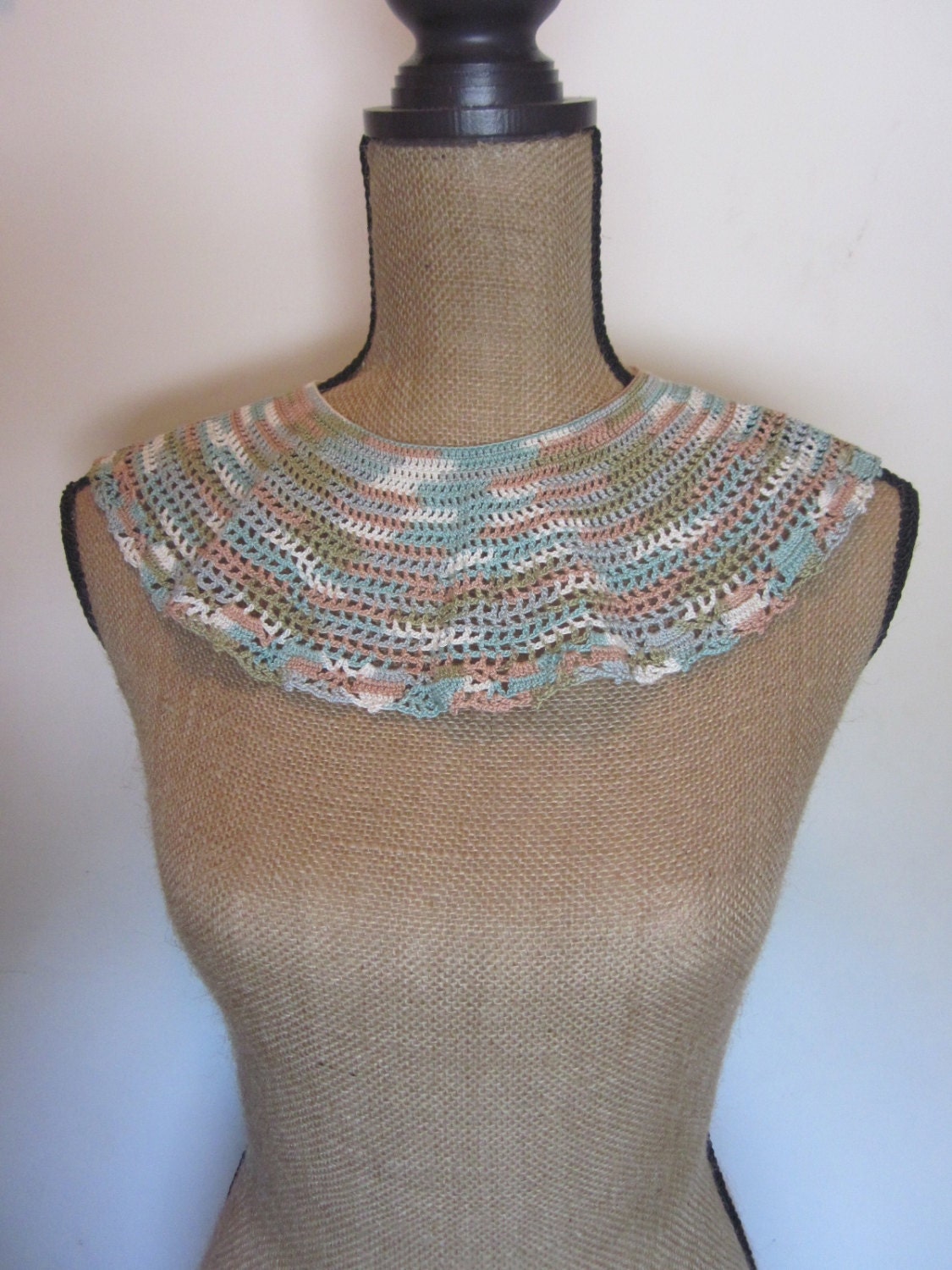 Oasis Colored Crocheted Collar, Mini Capelet,  Variegated Cotton Thread Slightly Ruffled, with Border