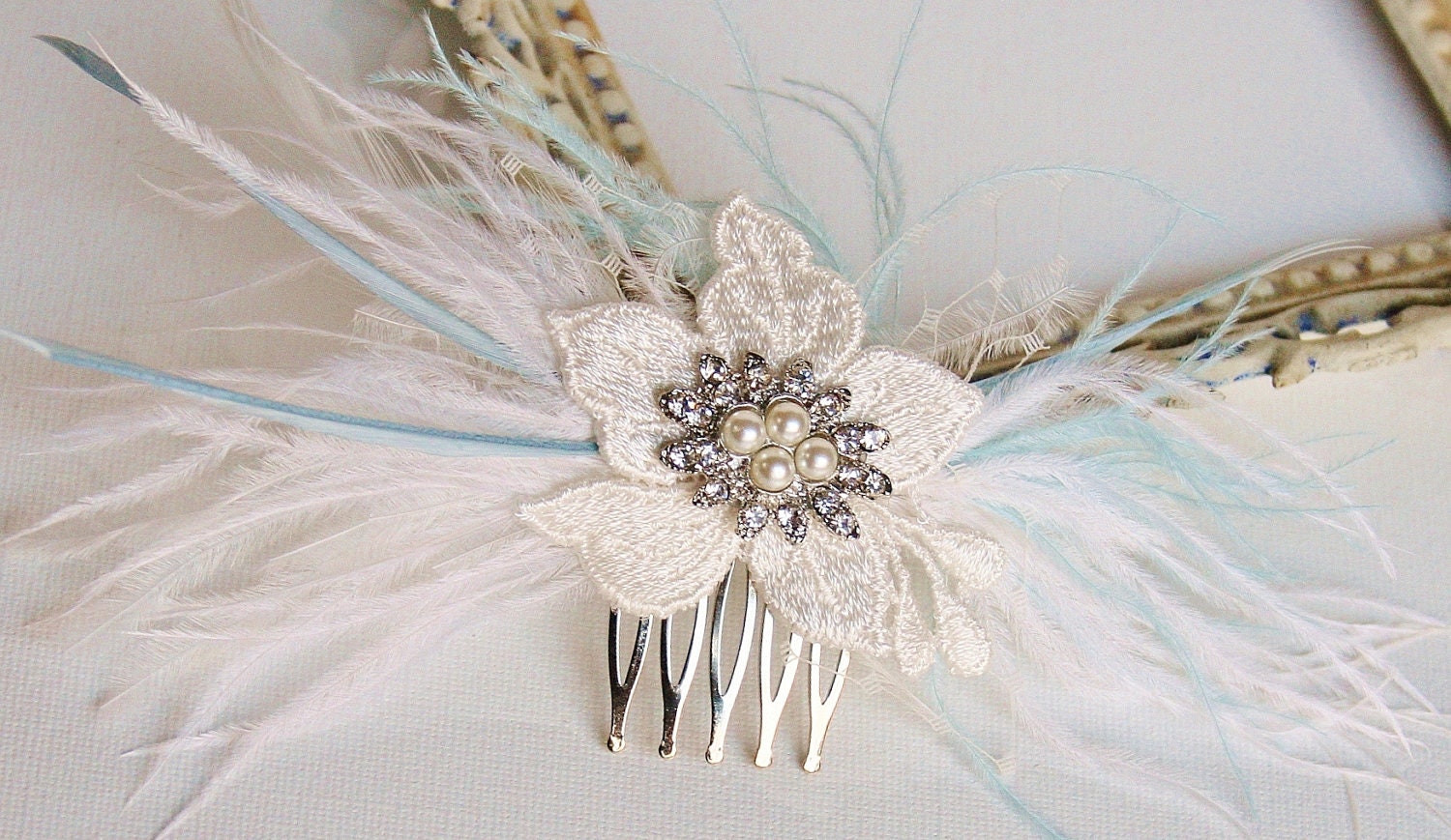 Bridal Hair Accessory, Bridal Fascinator, Wedding Headpiece, Ivory, Feather Fascinator, Blue, Bridal Hair Comb