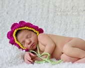 Photo Prop Flower Bonnet, Crochet Pink Petals with Green Leaf Ties, Newborn to 3 Month Size (Item 635) - ThatsTheCutestThing