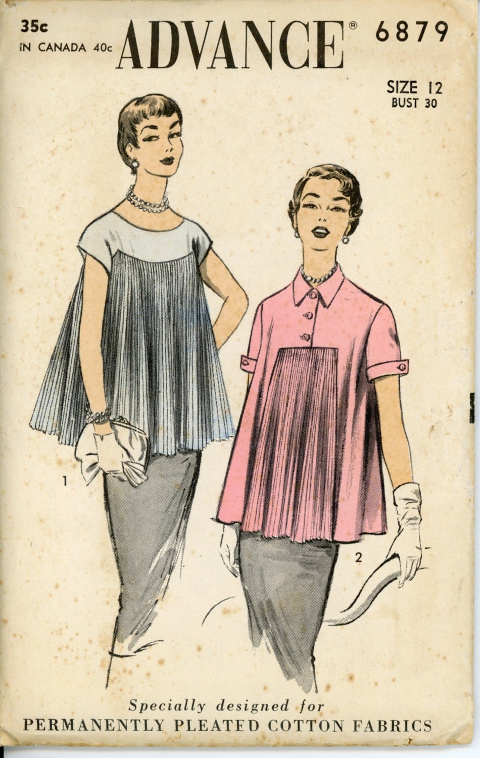 Advance 6879 Misses 1950s Blouse Pattern Pleated Inset Maternity Overblouse Two Sleeve Lengths Womens Vintage Sewing Pattern Bust 30 UNCUT