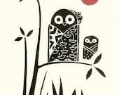 Owl Print - Original Lino Block Print,  Black and Red Moon, Modern Woodland Print, Signed, Japanese Style