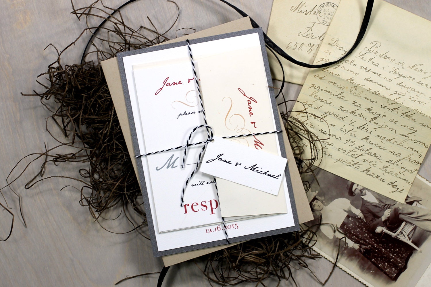 Hand Written Note - Inspired Wedding Invitations, Baker Twine, Navy, Gray, & Taupe - Purchase for a Sample