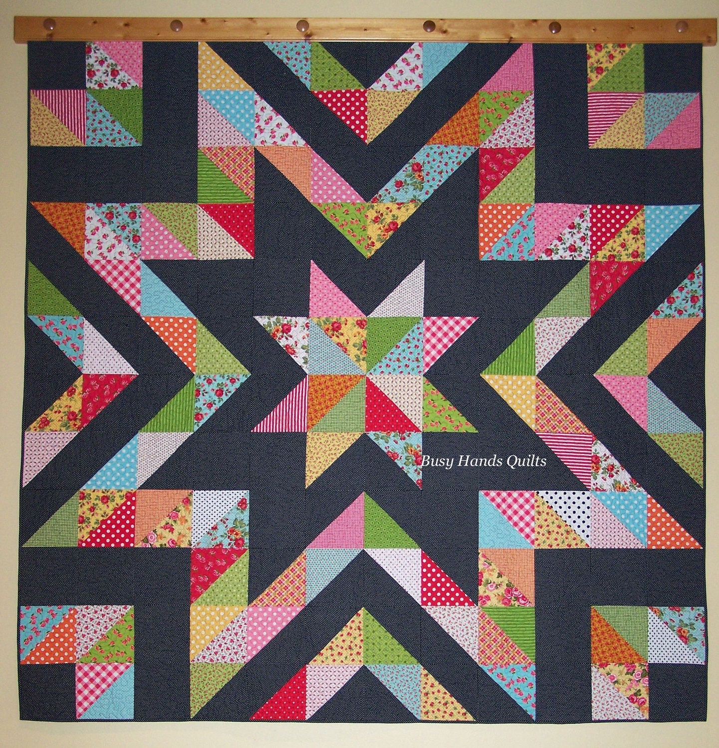 Handmade Star Quilt Set with Two Pillow Shams READY TO SHIP 82" x 82" Full Double Queen Myra Barnes Busy Hands Quilts