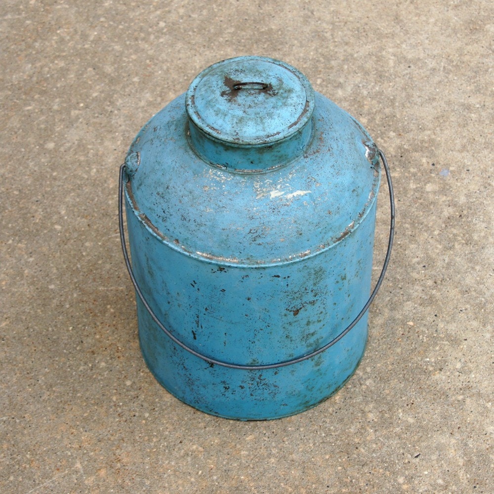 Blue Metal Jug, Chippy Pail with Lid, Rustic Farmhouse, Great Vintage Patina