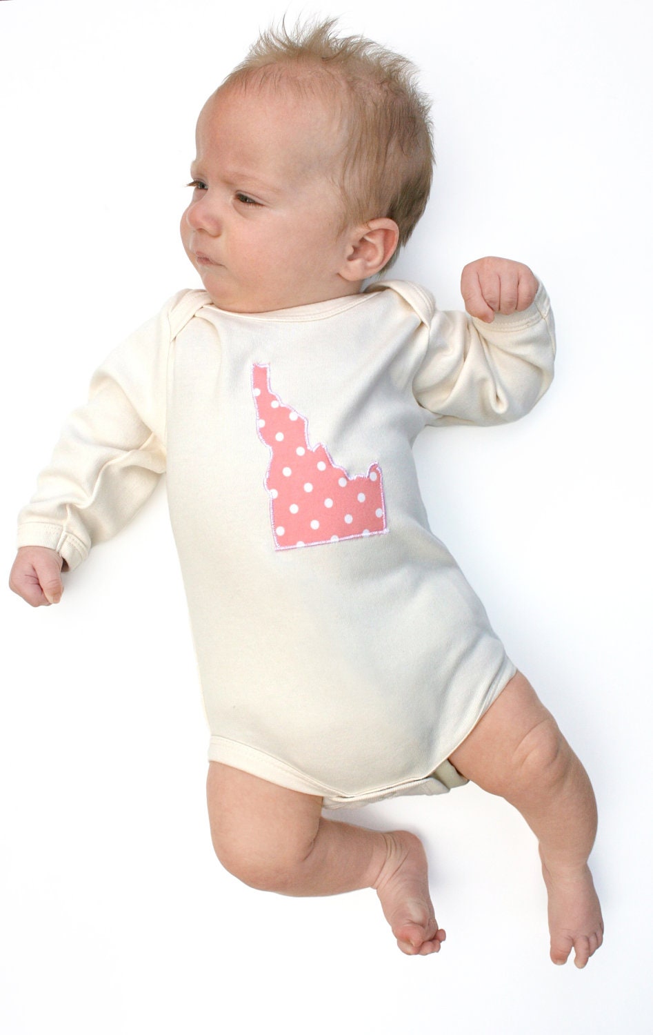 Organic Baby Bodysuit in natural cream with State of your Choice in Pink- 0 3 6 12 18 months Long Sleeve Children's Clothing Eco Friendly