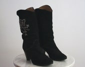 Embroidered Cowboy Boots Black Suede Grey Gray High HEELED - Women's 6.5 - 1980s VINTAGE