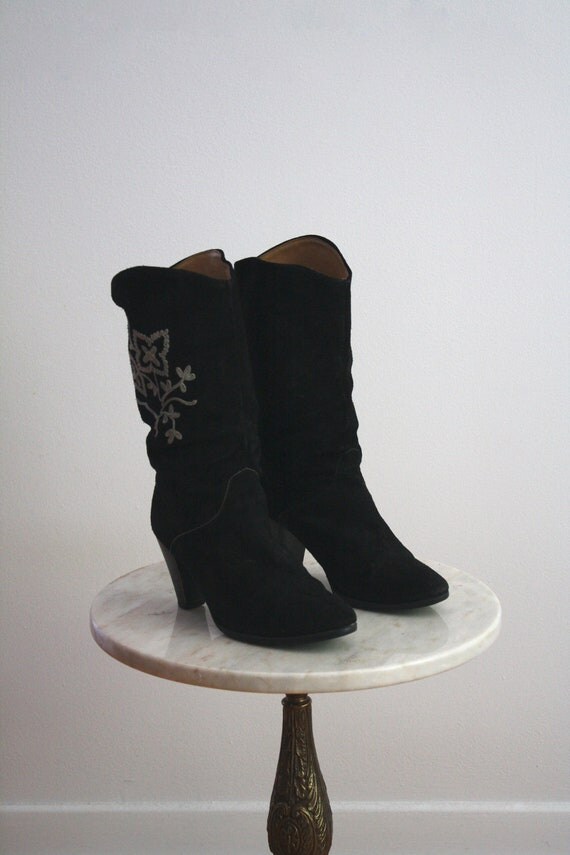 Embroidered Cowboy Boots Black Suede Grey Gray High by fiiimac